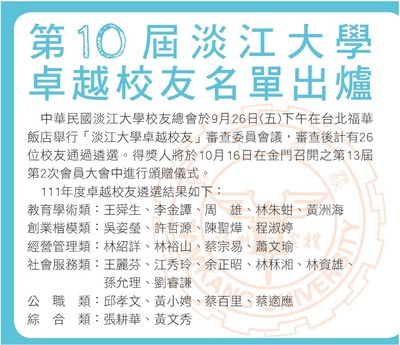 第10届淡江大学　卓越校友名单出炉